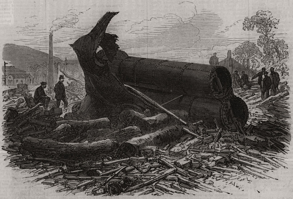 Effects of the steam-boiler explosion at Bingley, Yorkshire 1869 old print